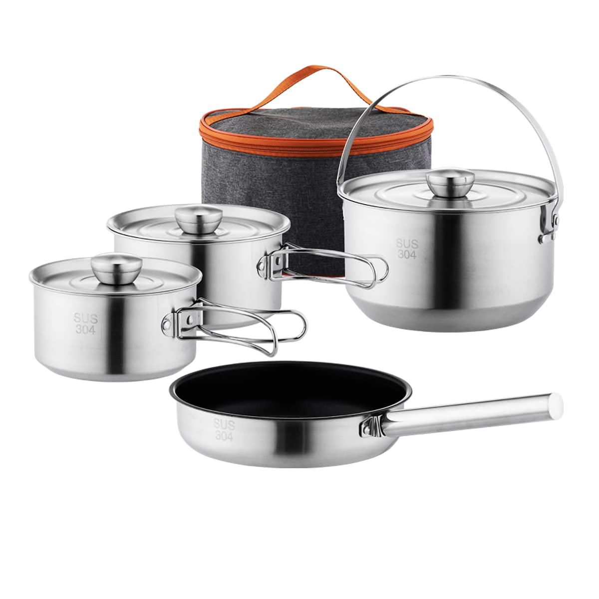 304 Stainless Steel Camping Cookware Set, Pots and Pans for Campfire Cooking, Includes Travel Tote Bag for 4-6 People