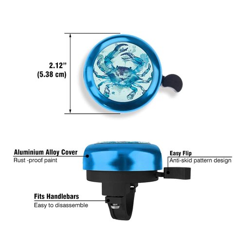 WIRESTER Blue Aluminum Round Bike Bell, Classic Ring Bicycle Bell, Bike Accessories Bell Ring for Adults Kids Girls Boys - Blue Crab Watercolor