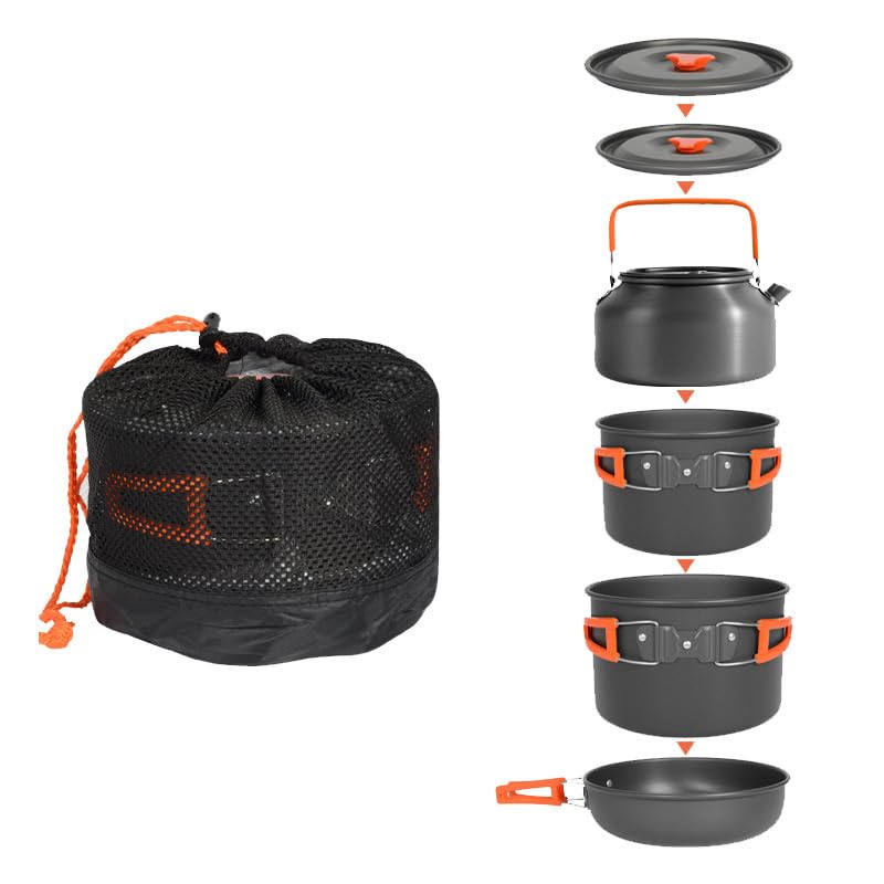 18 PCS TMKOOL 3-4 Peoples Camping Cookware Mess Kit, Lightweight Large Non-Stick Pot Pan Large Fry Pan 1.1L Kettle Set with Plastic Bowls Plates Sets for Camping, Backpacking, Outdoor Cooking, Picnic