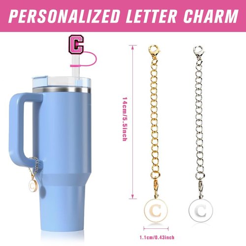 Orehymbe Letter Charm Compatible with Stanley Cup, 2PCS Personalized ID Initial Letter Charm Accessories with 2PCS Straw Cover Cup for 30&40 Oz Tumbler with Handle 10mm (Letter C)