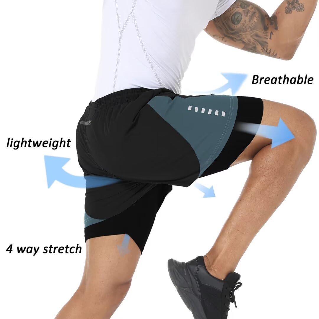 Pdbokew Men's 2 in 1 Running Shorts Lined Workout Shorts Black L