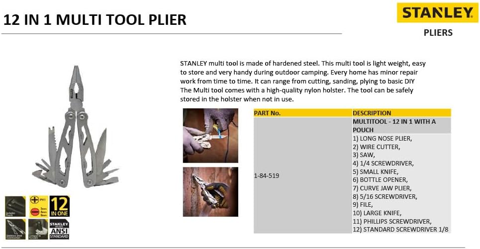 STANLEY Multitool, 12-in-1, Stainless Steel, Black Pouch (84-519K)