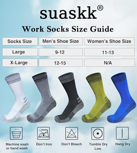 Mens Crew Work Boot Socks - Cozy Cushioned Moisture Wicking 3/4 Pairs, Multicolor 12-15