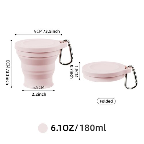ZPCTECHGO Reusable Foldable Silicone Water Cup, Portable Picnic Snacks Cup, Pocket Size Travel Cup Extensible, Collapsible Cups with Lid for Camping, Travel (Pink with Hook)