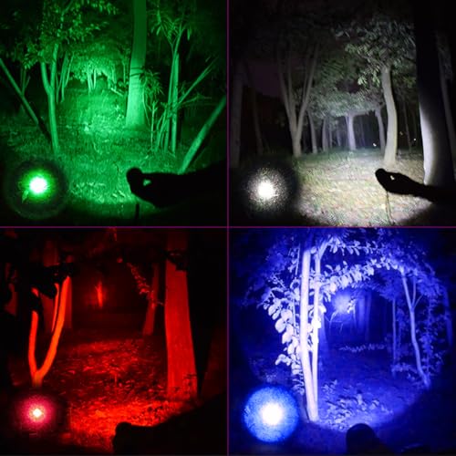 Powerful Red Flashlight, 4 Color in 1 LED White Red Blue and Green Lights, 4 Modes, Zoomable, Rechargeable, 2000 Lumen, Compact, Black, Aluminum, Water Resistant