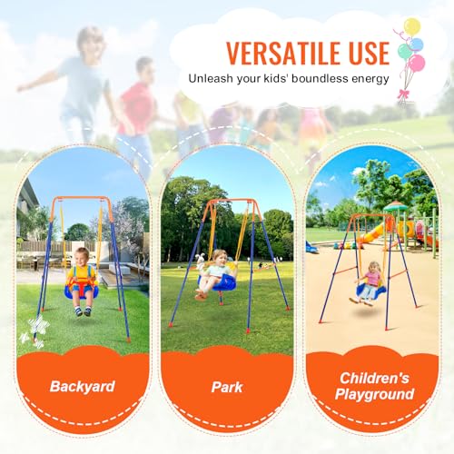 VEVOR Swing Sets for Backyard, 3-in-1 Toddler Swing Set with 4 Sandbags, Easy to Assemble, Foldable Metal Stand, Swingset Indoor/Outdoor for Kids Aged 3+