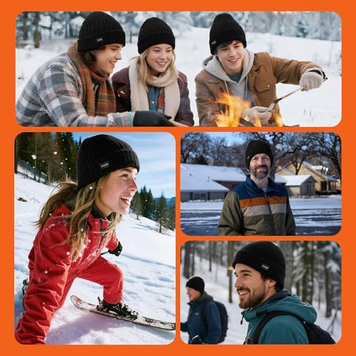 Winter Merino Wool Beanie Hat for Men Women Fleece Lined Knit Cap Black One Size