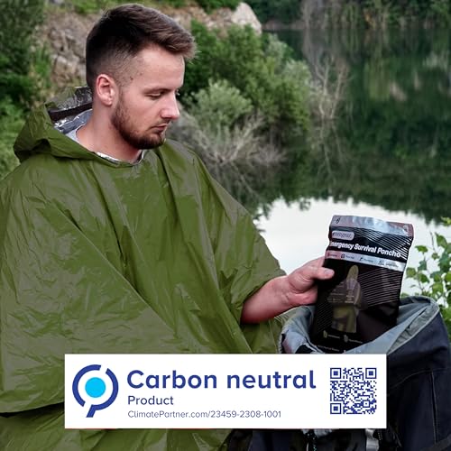 aZengear Emergency Survival Poncho (4pc) Thermal Mylar Foil Blanket for Heat Retention and Rain | Reversible with Hood | Waterproof, Windproof, Portable, Hands-Free, Outdoor Kit (Green)