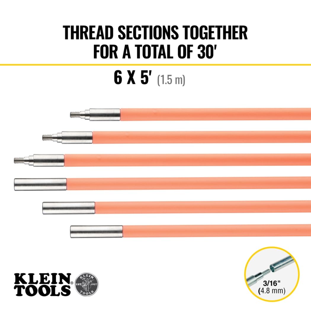 Klein Tools 50303 30-Foot Lo-Flex Glow Fish Rod Set, (6) 5-Foot Fiberglass Rods, Adapter, Bullet Nose, Splinter Guard Coating