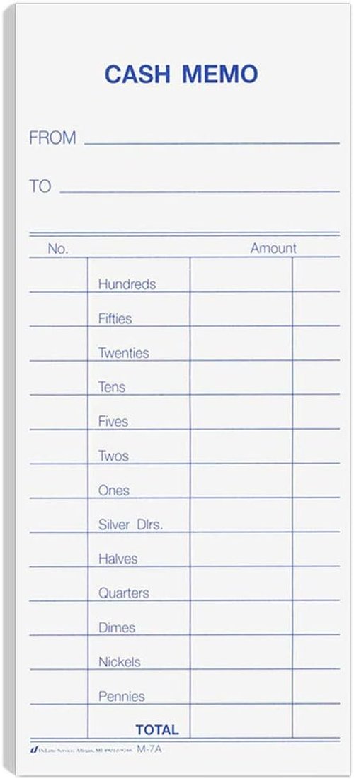 BankSupplies Cash Memo - 2.75 W X 6.25 H - Pack of 1000 - Padded Form - Printed in Blue Ink - White Background - to & from Details - Recordkeeping & Money Handling Forms
