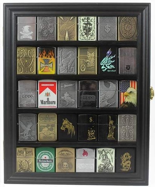 30 Lighters Display Case Wall Cabinet Compatible with Zippo Lighters Military Sport Collectible Match Book Black Frame