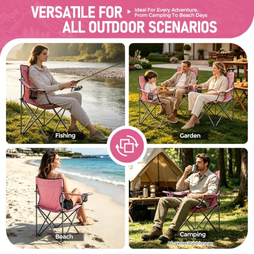 Pink Camping Chair with Cup Holder - Portable Folding Lawn Chair Supports 330LBS