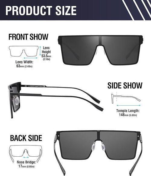 DUCO Square Oversized Fashion Sunglasses for Men Polarized Flat Top UV400 Protection Metal Frame Big Large DC3055
