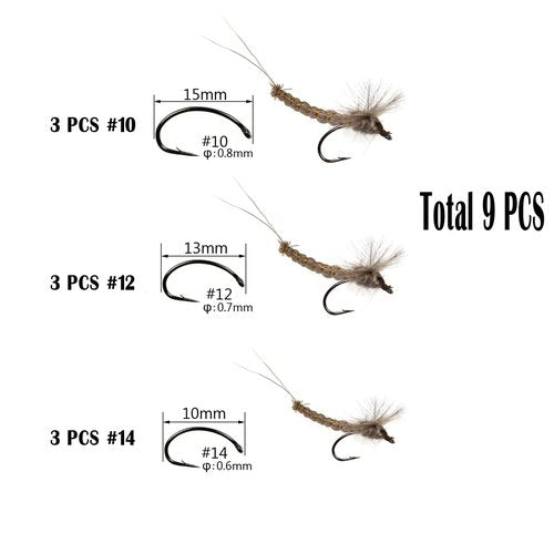 Fly Fishing White Winged Mayfly, Brown Dry Floating Flies, Surface Water Fishing Lures for Crappie Bluegill Panfish (9PCS #10#12#14)