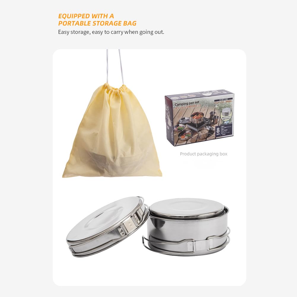 Gaderth Camping Cookware, 8PCS Camping Cookware Mess Kit, Mini Picnic Camping Cooking Mess Kit with Pot/Pan/Cups, Stainless Steel Cookware Kit for Outdoor Camping Backpacking Hiking Silver
