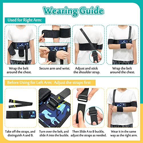 Kids Shoulder Immobilizer Sling with Waist Strap - Blue Camo Child Support Brace for Injury
