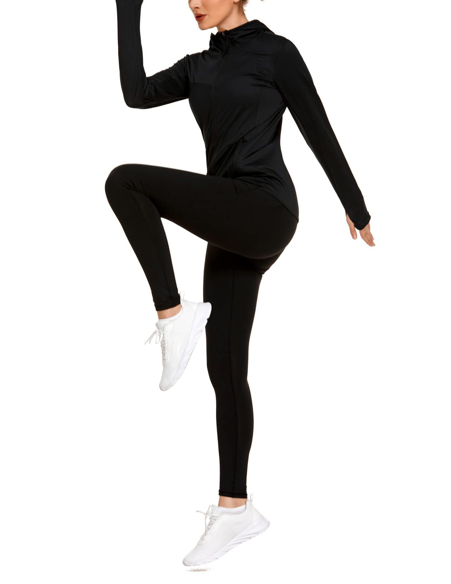COOrun Women's UPF 50+ Sun Protection Hoodie Jacket Lightweight Full Zip Running Jacket Athletic Workout Top with Thumb Holes Zipper Pockets Black S