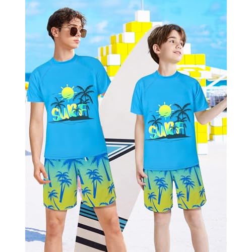 Boys Two Piece Rash Guard Swimsuits Sets Kids Short Sleeve Swim Shirts Bathing Suit with Swim Trunks Swimwear Set