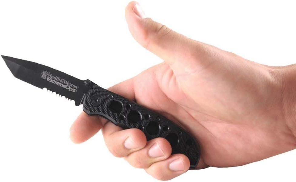 Smith & Wesson CK5TBS 7.4in High Carbon S.S. Folding Knife with a 3.2in Serrated Tanto Blade and Aluminum Handle for Outdoor, Tactical, Survival and EDC