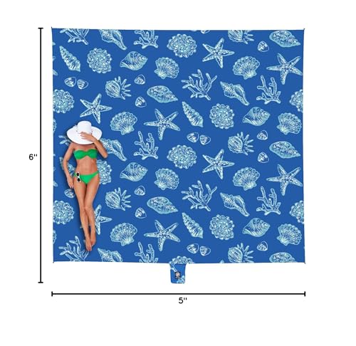 WEKAPO Beach Blanket Waterproof Sandproof Oversized, Extra Large Beach Mat Sand Free, Lightweight & Compact Sand Free Mat with 6 Stakes & 4 Corner Pockets (Blue Sea Shells, 8 x 7 FT (1~4 Person))