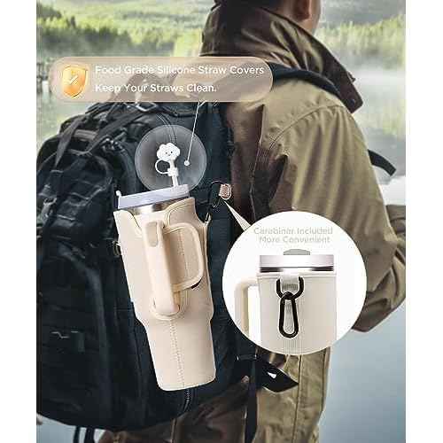 dabria Water Bottle Carrier Bag with Phone Pocket for Stanley 40/30 oz Tumbler Neoprene Water Bottle Holder Pouch with Adjustable Strap Bollus with Straw Cover & Carabiner for Stanley Cup Accessories