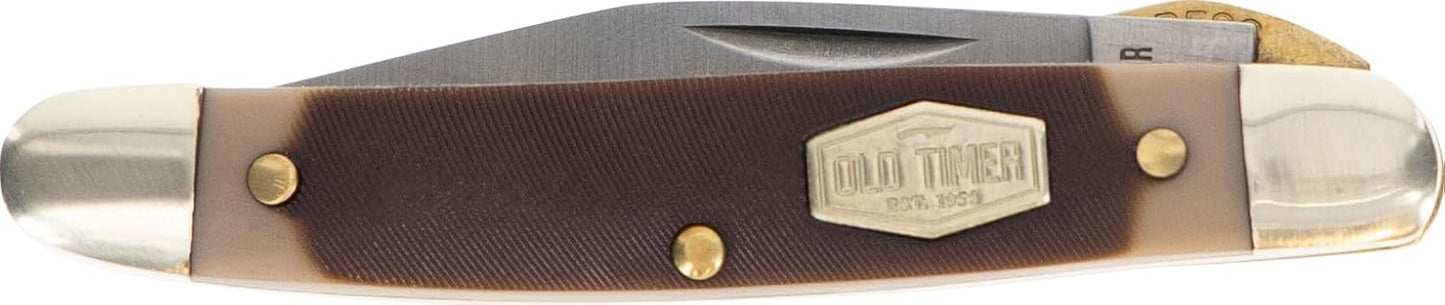 Old Timer 18OT Mighty Mite 4.7in Stainless Steel Traditional Folding Pocket Knife with 2in Clip Point Blade, Nickel Silver Bolsters, and Sawcut Handle for Whittling, Hunting, Camping, EDC, and Outdoor