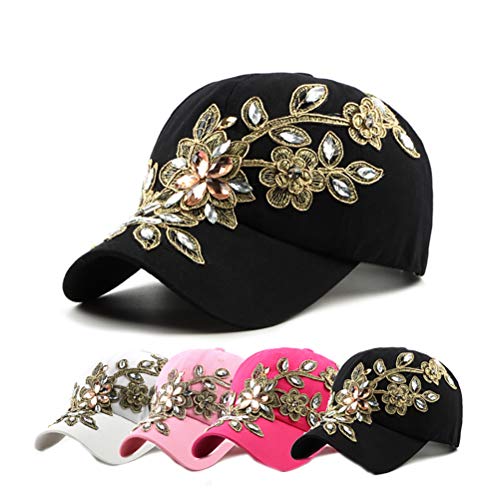 Women’s Rhinestone Baseball Cap Sun Hat with Flower Embellishments - Adjustable Denim, Black, 6 3/4-7 1/2