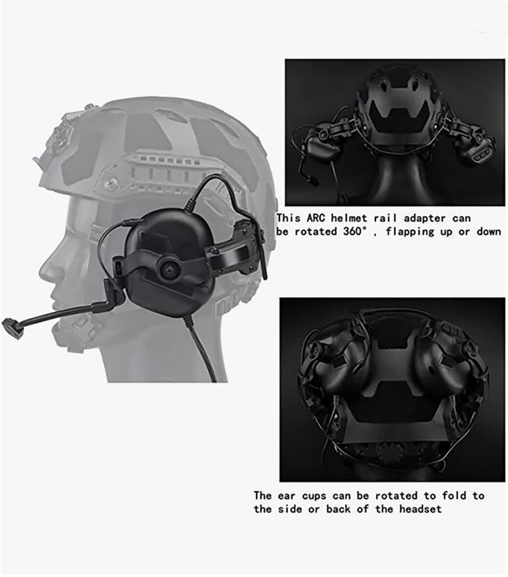 Hdlsina Tactical Shooting headset with U94 PTT 2pin and ARC Rail Adapter Noise Reduction & Sound Pickup Ear Protection (Black)