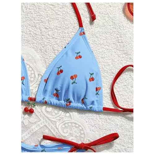 WDIRARA Women's 2 Piece Swimsuit Cherry Print Bikini Set Halter Triangle Bikini Side Tie String Bathing Suits