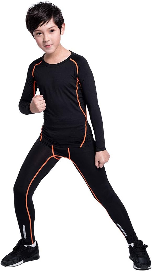2/3/4 Pcs Boys Girls Base Layer Athletic Compression Leggings and Shirts Thermal Underwear Set Running Pants Tights