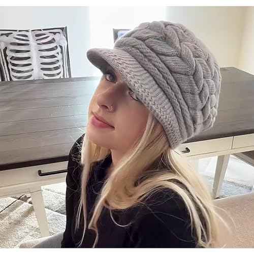 Winter Knit Beanies for Women, Warm Fleece Lined Women Thick Hat Slouchy Hat Cap with Brim