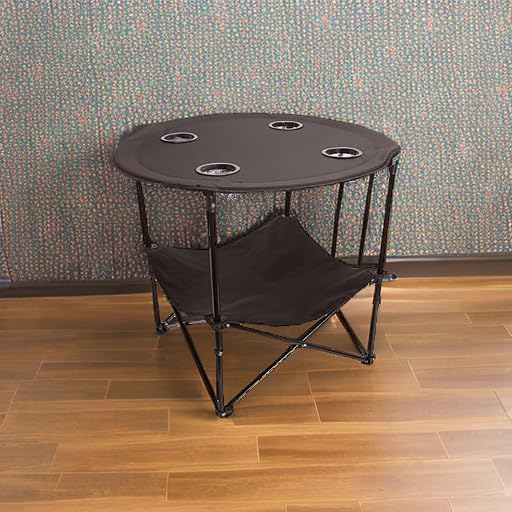 Preferred Nation | 2 Tier Folding Camping Table with 4 Mesh Cup Holders Black | Polyester with Metal Frame | Compact, Convenient Carry Case Included | Side Table for Tailgate