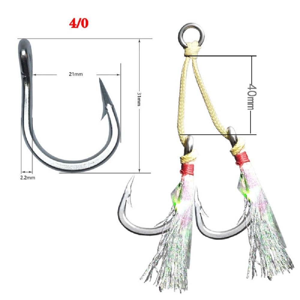 Feianoto 4 Pairs Fishing Double Barbed Jig Hook Kevlar Line 6X Extra Strong Strength Slow Fast Jigging Assist Saltwater Hooks Jigs Lure Circle Hook (4/0)