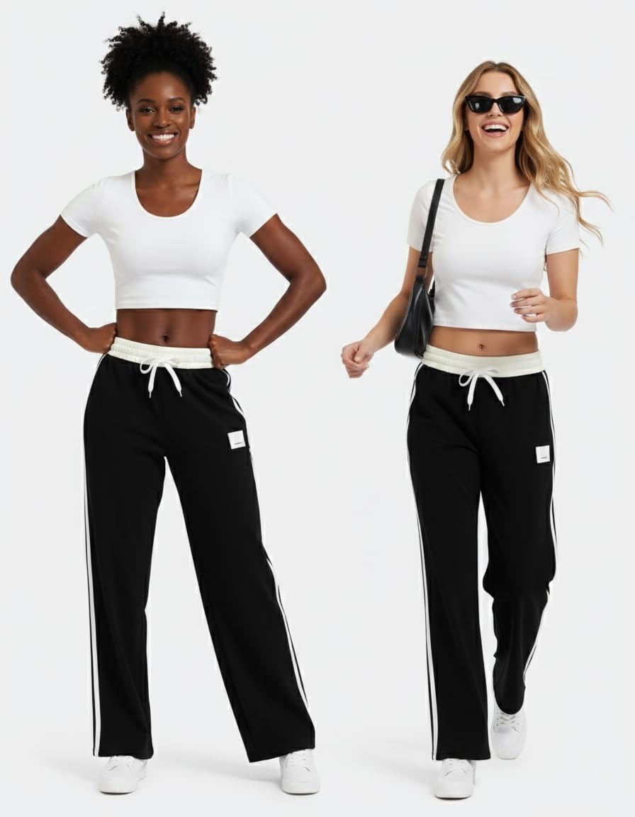 YIPINK Womens Track Pants Athletic Running Pants Sweatpants Straight Leg Cotton Fold-Over Sports Jogging Striped Loose Fit Black