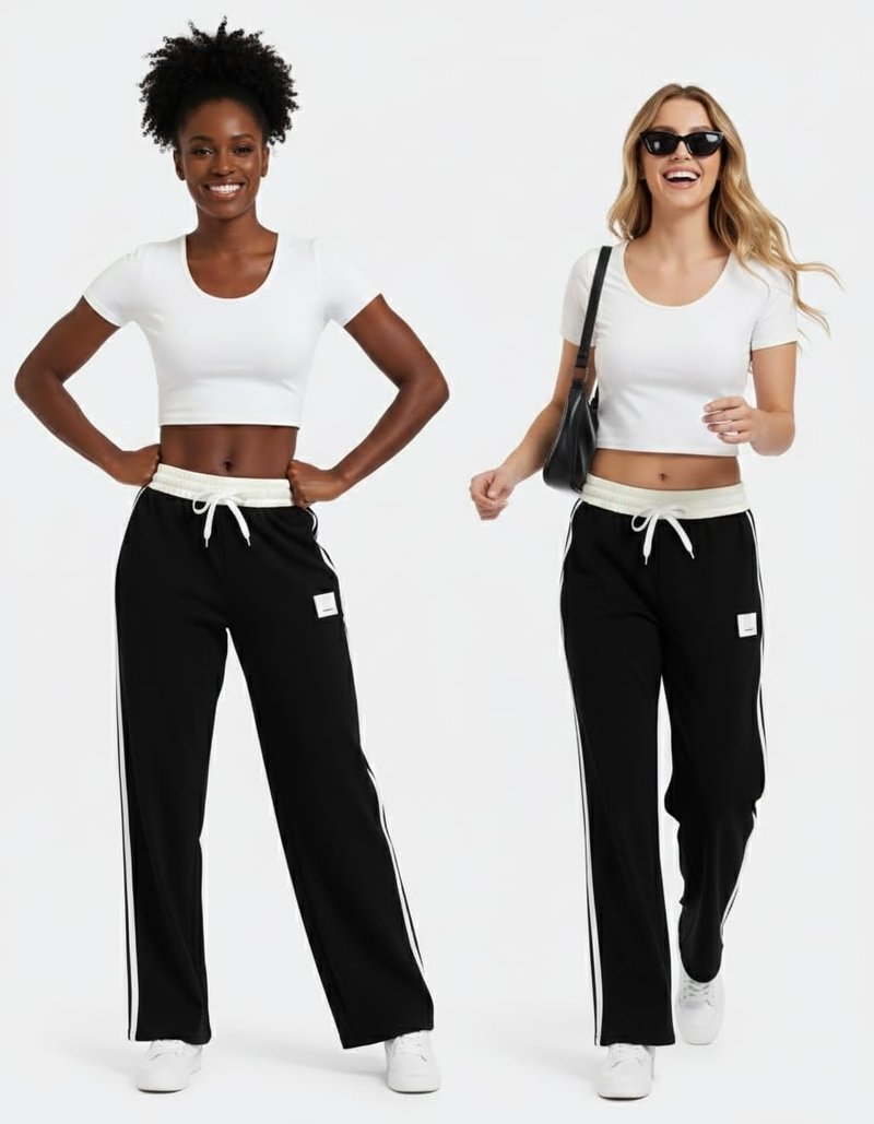 YIPINK Womens Track Pants Athletic Running Pants Sweatpants Straight Leg Cotton Fold-Over Sports Jogging Striped Loose Fit Black