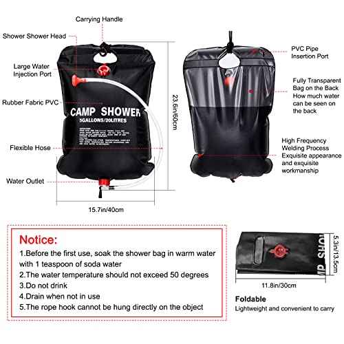 Solar Shower Bag for Camp, 5 Gallons/20L Portable Camping Shower Bag with Removable Hose and On-Off Switchable Shower Head for Camping Beach Swimming Outdoor Traveling
