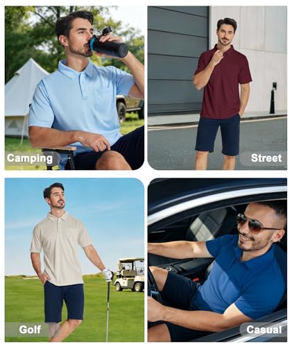 Men's Polo Shirts with Pockets 5 Pack Short Sleeve Athletic Work Uniforms - Apricot, Light Blue, Royal Blue, Light Royal Blue, Emerald Blue - Large
