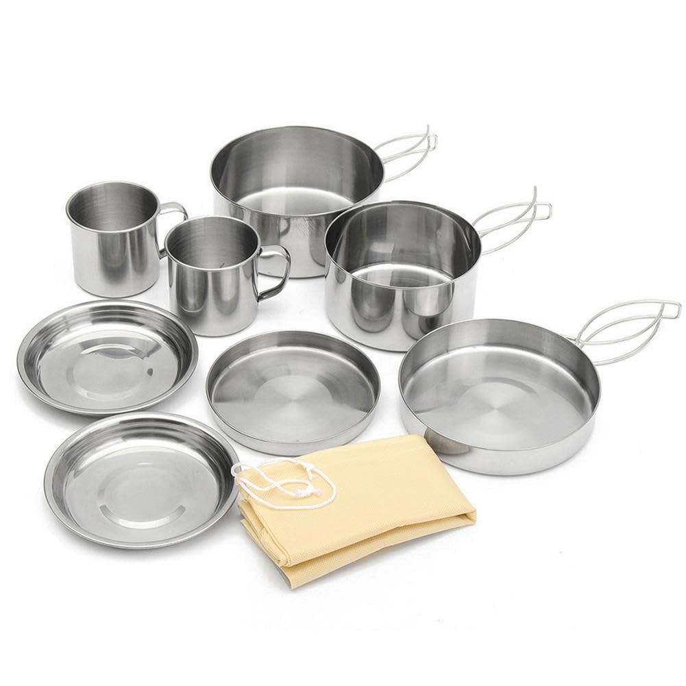 Gaderth Camping Cookware, 8PCS Camping Cookware Mess Kit, Mini Picnic Camping Cooking Mess Kit with Pot/Pan/Cups, Stainless Steel Cookware Kit for Outdoor Camping Backpacking Hiking Silver