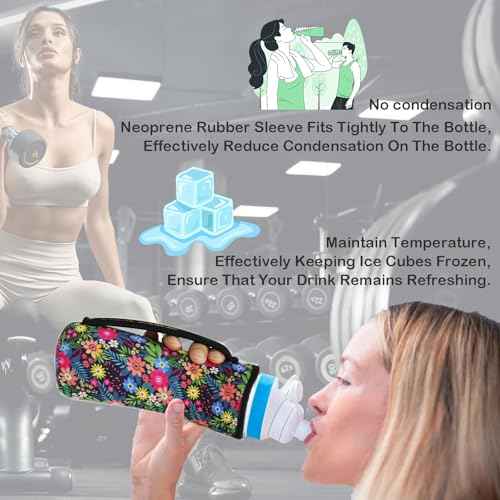 32oz Cute Printed Sleeve Compatible With Cirkul Water Bottle For Plastic And Stainless Steel Bottles 32oz Neoprene Sweat-Wicking Material Insulated Cover Designed With Handles (Black)
