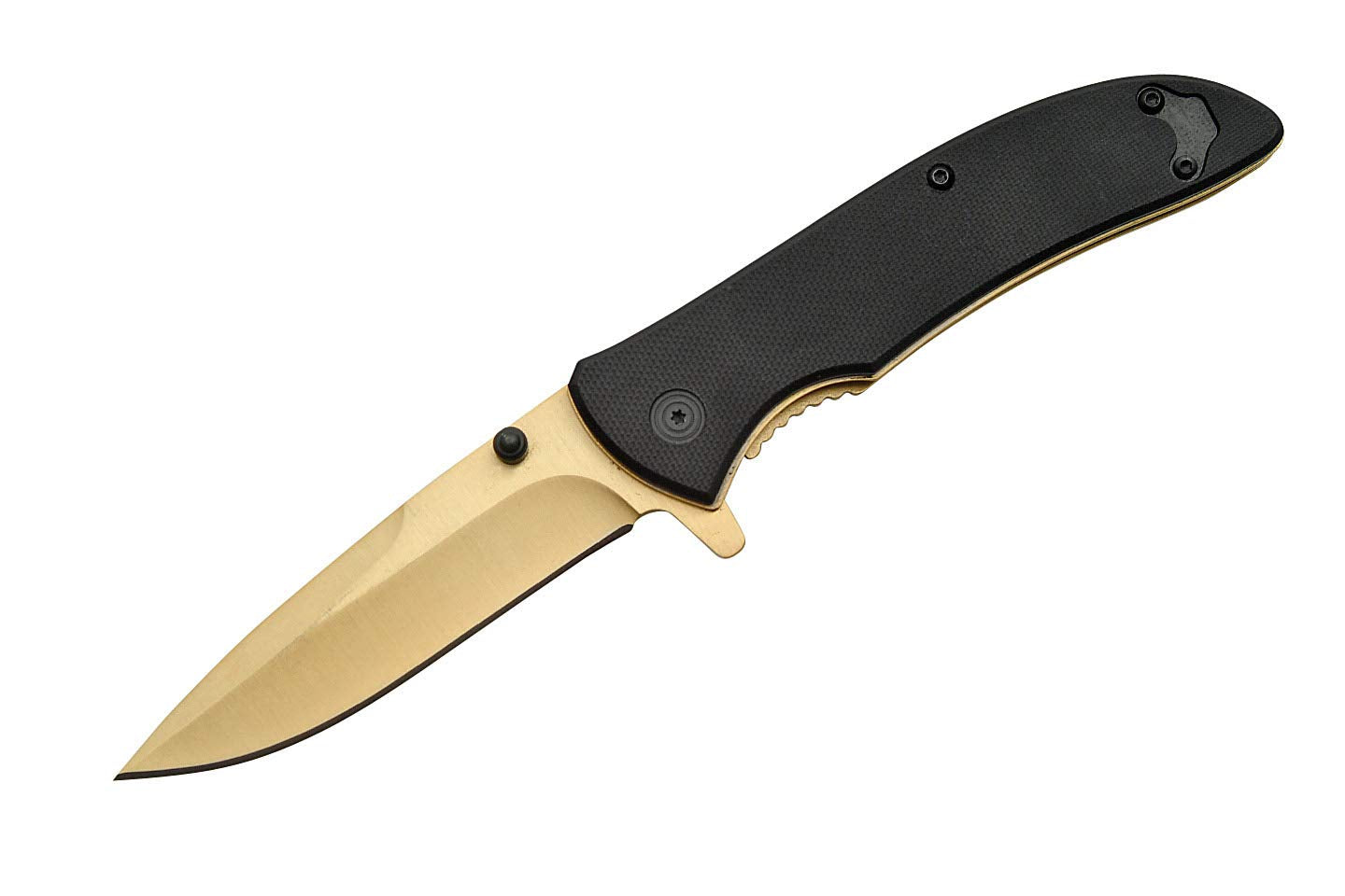 SZCO Supplies Rite Edge Assisted Opening Knife - 4.5" Gold Liner Lock Folding Knife with Black G10 Handle, Stainless Steel Blade, and Pocket Clip - Tactical EDC Folding Knife