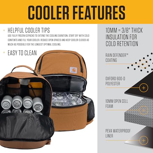 Carhartt Insulated 24 Can Two Compartment Cooler Backpack, Fully-Insulated Base, Durable Water-Resistant for Camping, Beach & Travel, Black