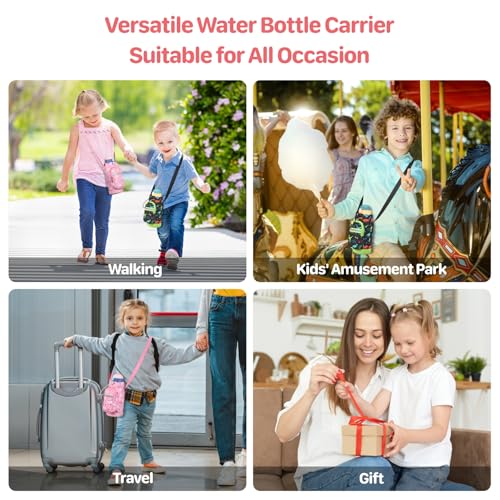 Water Bottle Carrier for Kids - Water Bottle Holder Sling Bag with Adjustable Strap, Girls Water Bottle Bag for 10/12/14/16/18Oz Water Bottles Walking Hiking Trip Camping, Pink Unicorn