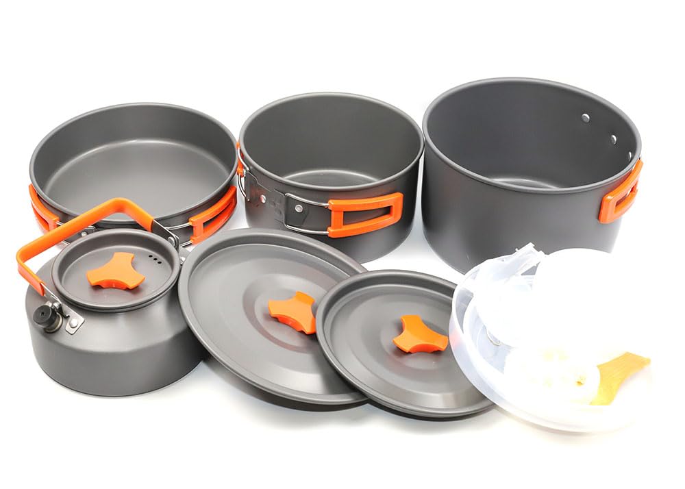 18 PCS TMKOOL 3-4 Peoples Camping Cookware Mess Kit, Lightweight Large Non-Stick Pot Pan Large Fry Pan 1.1L Kettle Set with Plastic Bowls Plates Sets for Camping, Backpacking, Outdoor Cooking, Picnic