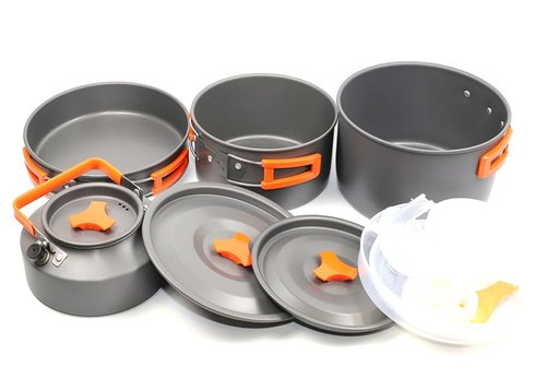18 PCS TMKOOL 3-4 Peoples Camping Cookware Mess Kit, Lightweight Large Non-Stick Pot Pan Large Fry Pan 1.1L Kettle Set with Plastic Bowls Plates Sets for Camping, Backpacking, Outdoor Cooking, Picnic