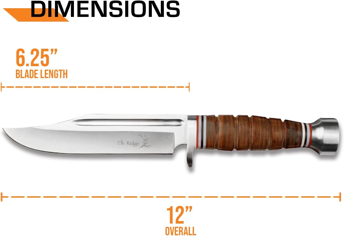 Elk Ridge - Outdoors Fixed Blade Knife - 12-in Overall, 6.25-in Stainless Steel Blade, Full Tang Knife, Leather Wrapped Handle, Leather Sheath - Hunting, Camping, Survival - ER-047