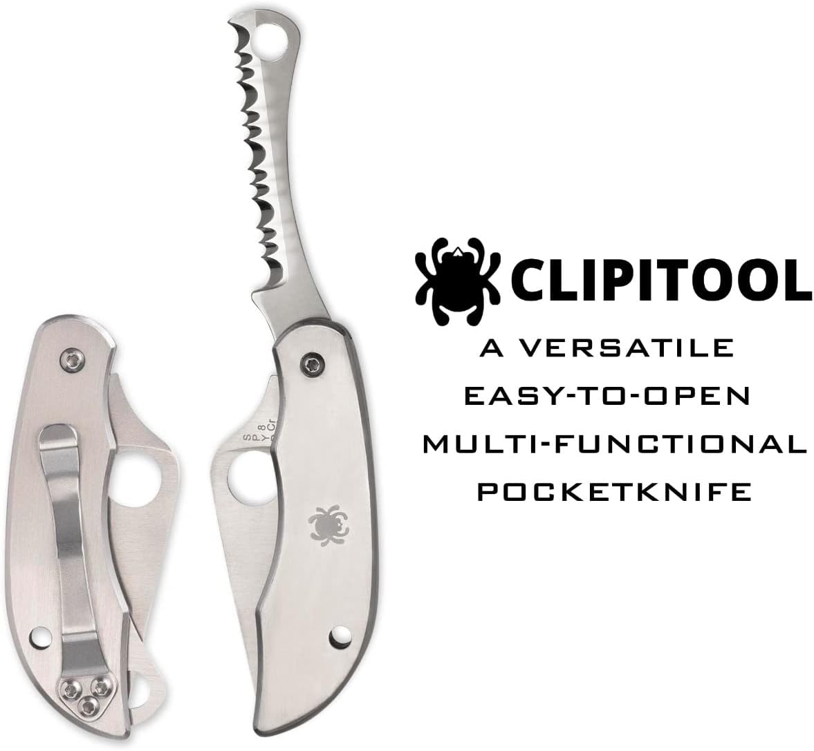 Spyderco ClipiTool Multi-Functional Stainless Steel Utility Pocket Knife with 2" Steel Blade and Screwdriver/Bottle Opener - PlainEdge - C175P