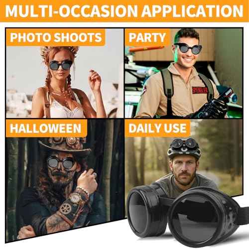 TamBee Black Goggle Steampunk Glasses Costume Cosplay Goggles Steampunk Accessories - Round Goggle, Black Lens, Elastic Band, for Halloween Party, Women, Men (2 Black)