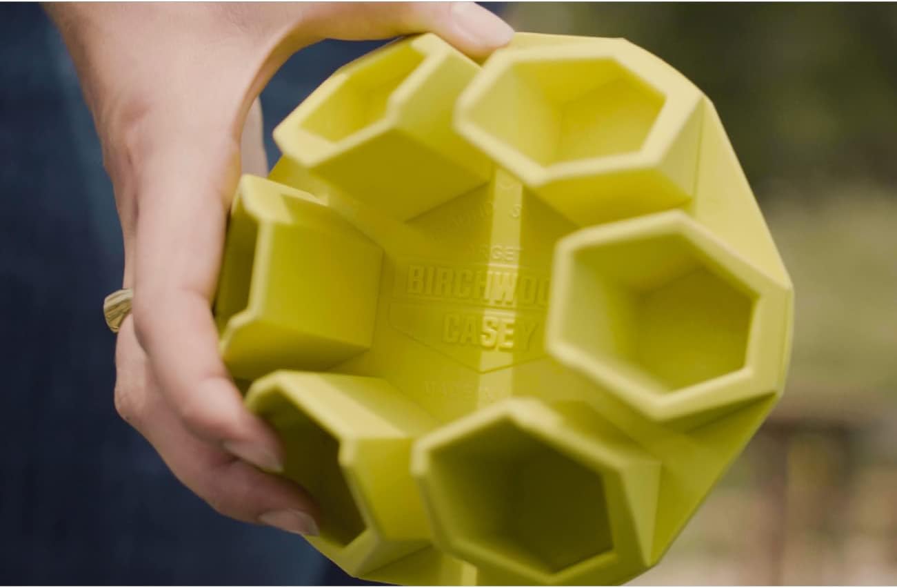BIRCHWOOD CASEY Ground Strike Hex Target Ball for Outdoor Shooting - Durable Long-Lasting Highly Visible Yellow 6" Ball Resealable Target Rated for All Calibers from .22 up