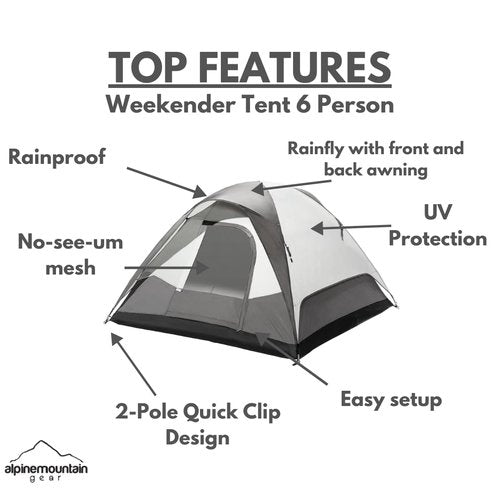 Weekender Family Camping Tent for 6 People - Quick Setup, Dome Tent for Camping/Backpacking by Caddis Sports, (6 Person)