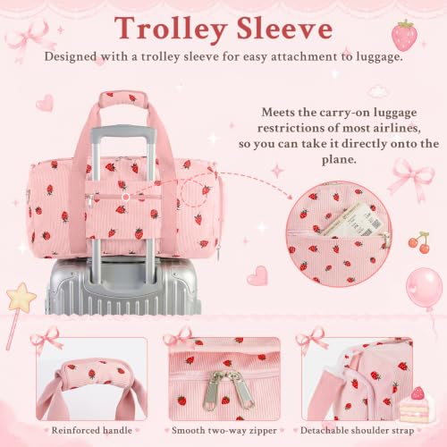Pink Strawberry Corduroy Duffle Bag for Girls Kids Teens with Shoe & Wet Dry Separation